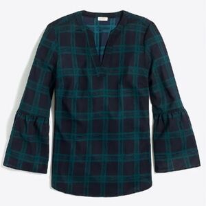 J Crew Blouse Women's Small Blue Green Tartan Bell‎ Sleeve V-neck Semi Sheer